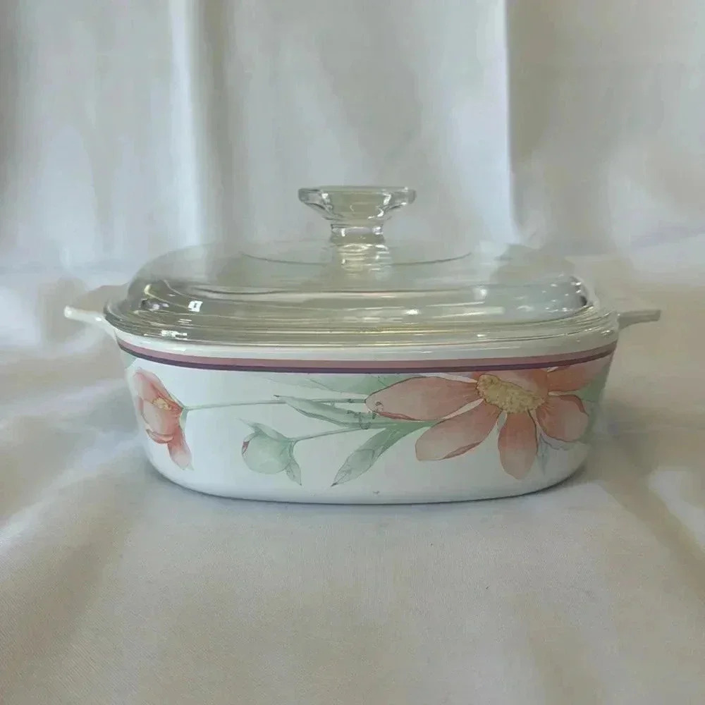 Vintage CorningWare "Peony Floral" A-1-B 2 Liter Casserole Dish w/ Pyrex Lid A9C